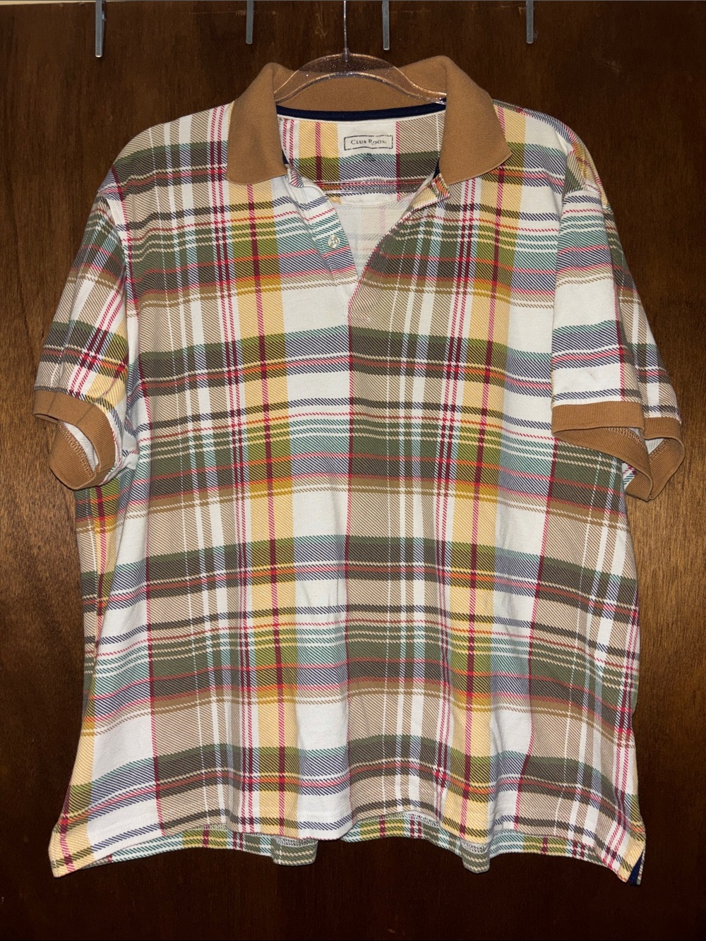 Club Room Plaid Polo in Cream, Tan, Green and Yellow